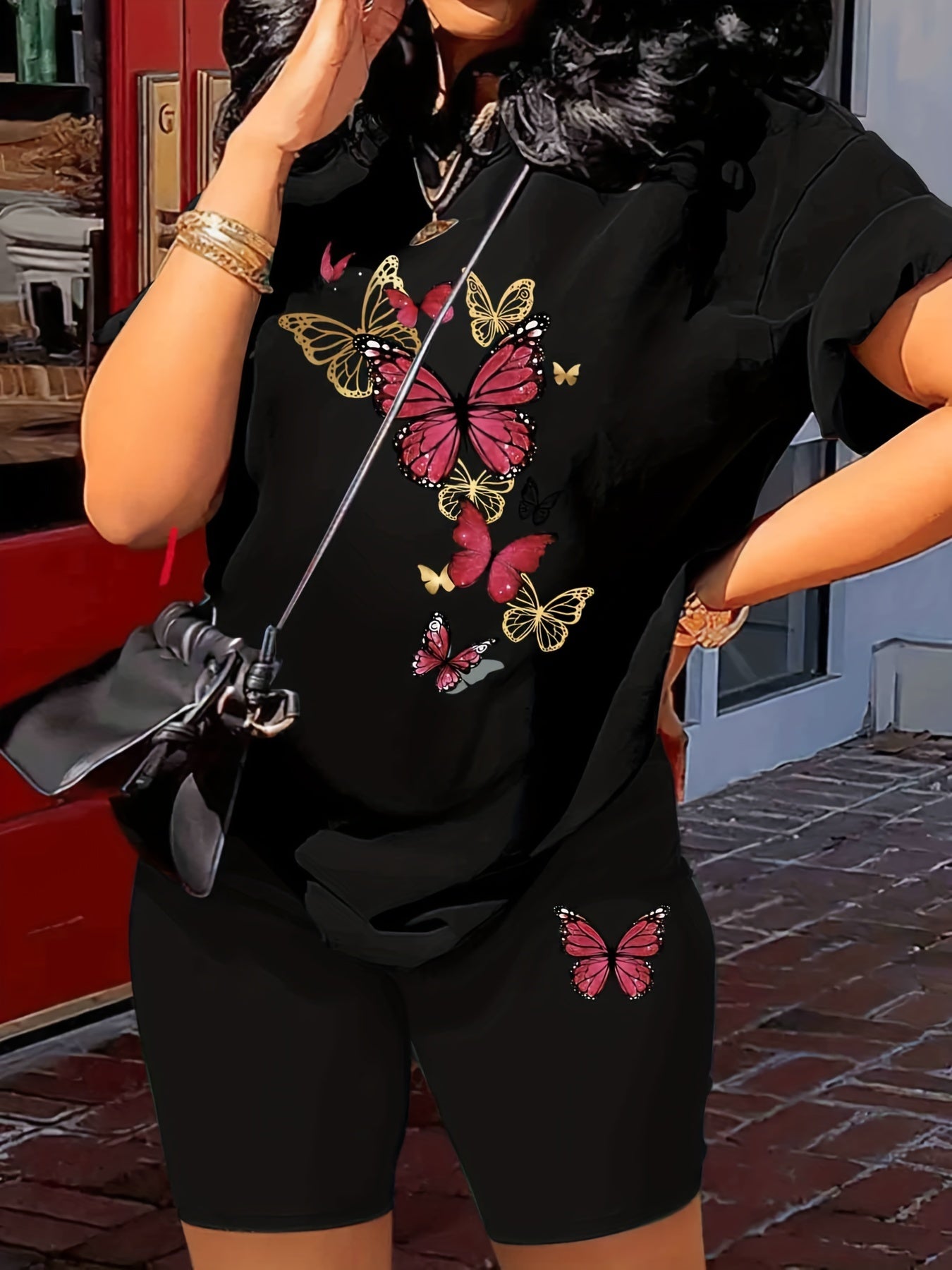 Butterfly Print 2 Piece Outfit Short Sleeve T-Shirt & Shorts Summer 2pcs Set