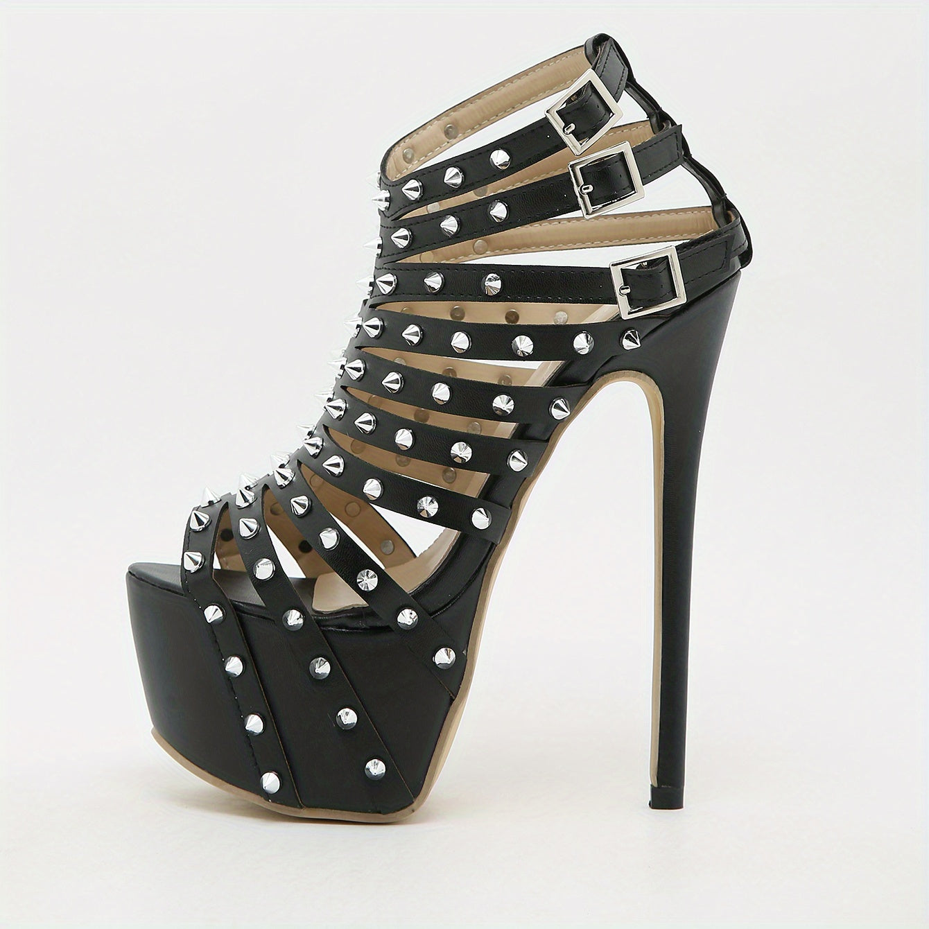 Rivets Stiletto Heels Cutout Buckle Strap Platform Pumps