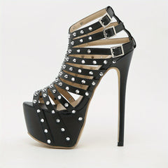 Rivets Stiletto Heels Cutout Buckle Strap Platform Pumps