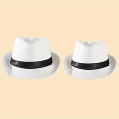 2pcs Straw Woven Belt Top Hat Sunshade Jazz Hat