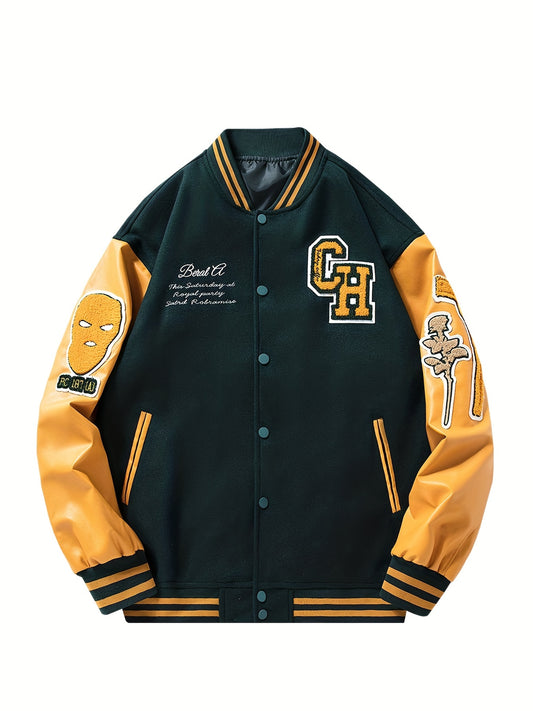 Embroidery Varsity Pu Jacket Men's Casual Faux Leather Jacket