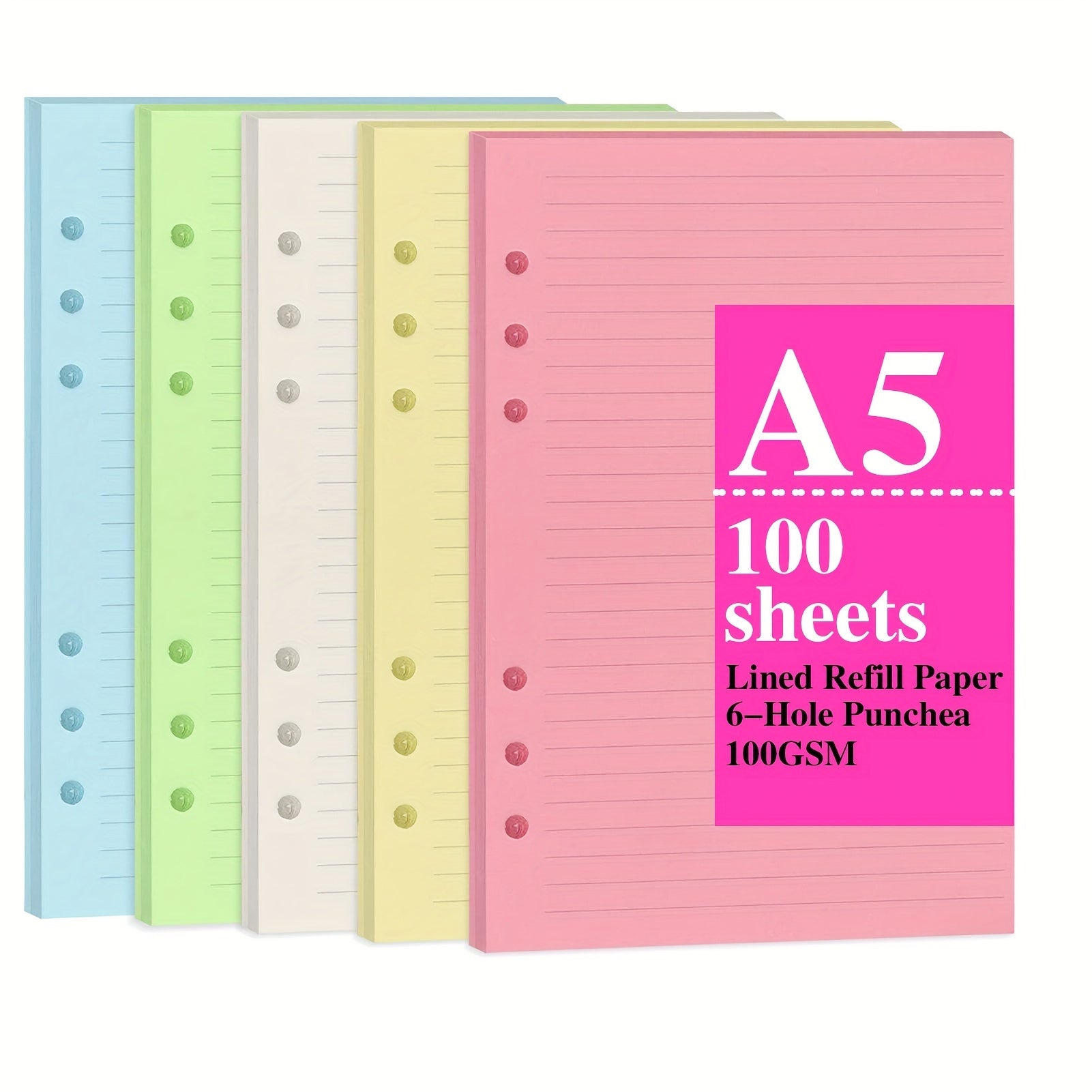 A5 Colorful Refill Paper 100 Sheets 6 Hole Filler Inserts 5 Colors