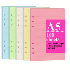 A5 Colorful Refill Paper 100 Sheets 6 Hole Filler Inserts 5 Colors