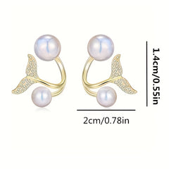 Pearl Fishtail Earrings With Rhinestone Drop Studs