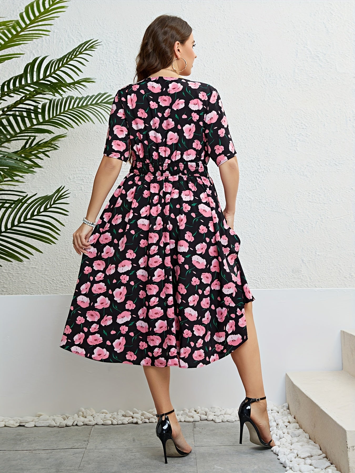 Floral Print Wrap V Neck Summer Dress