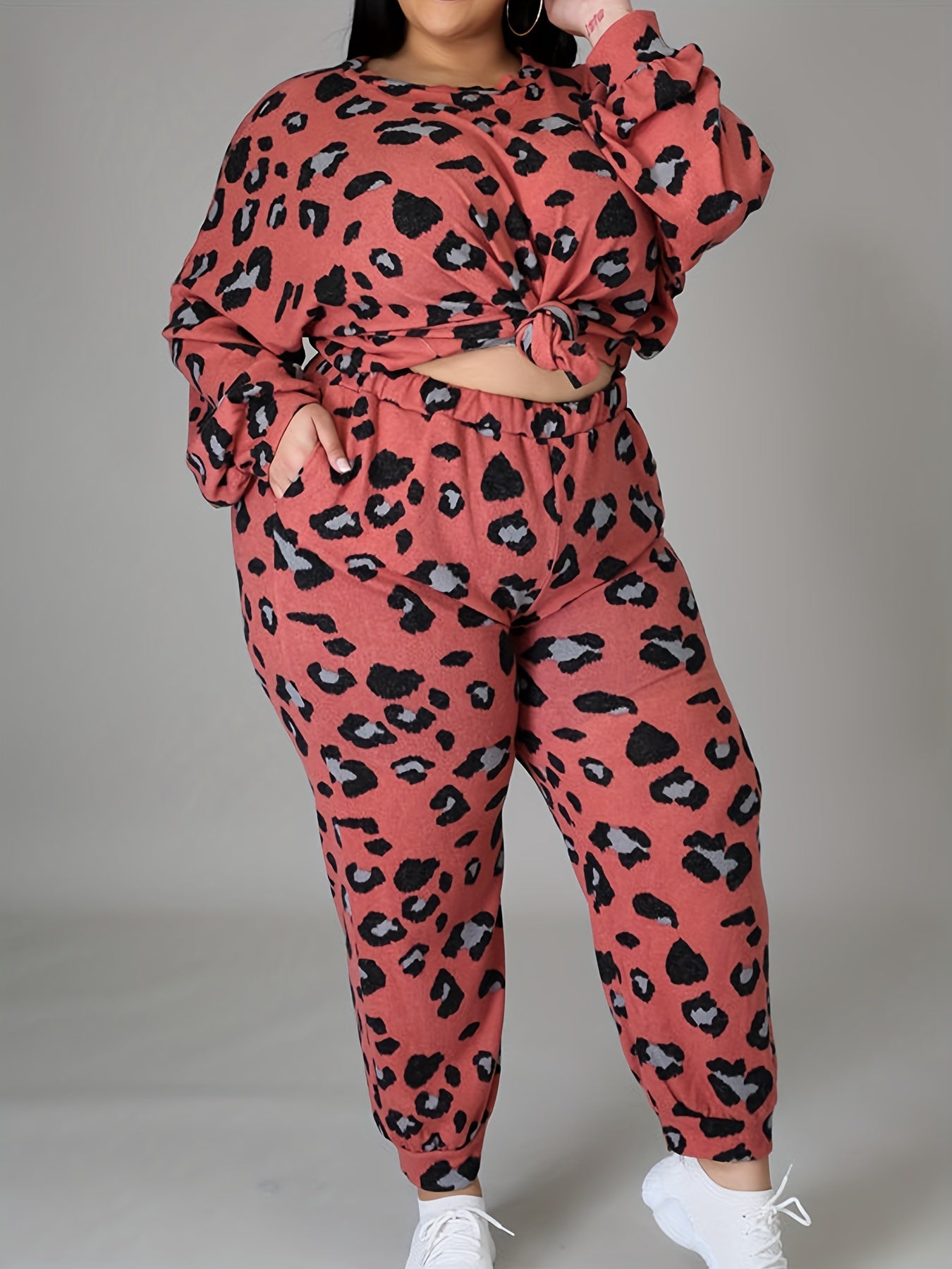  Leopard Print Lantern Sleeve Top & Joggers Set