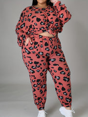  Leopard Print Lantern Sleeve Top & Joggers Set