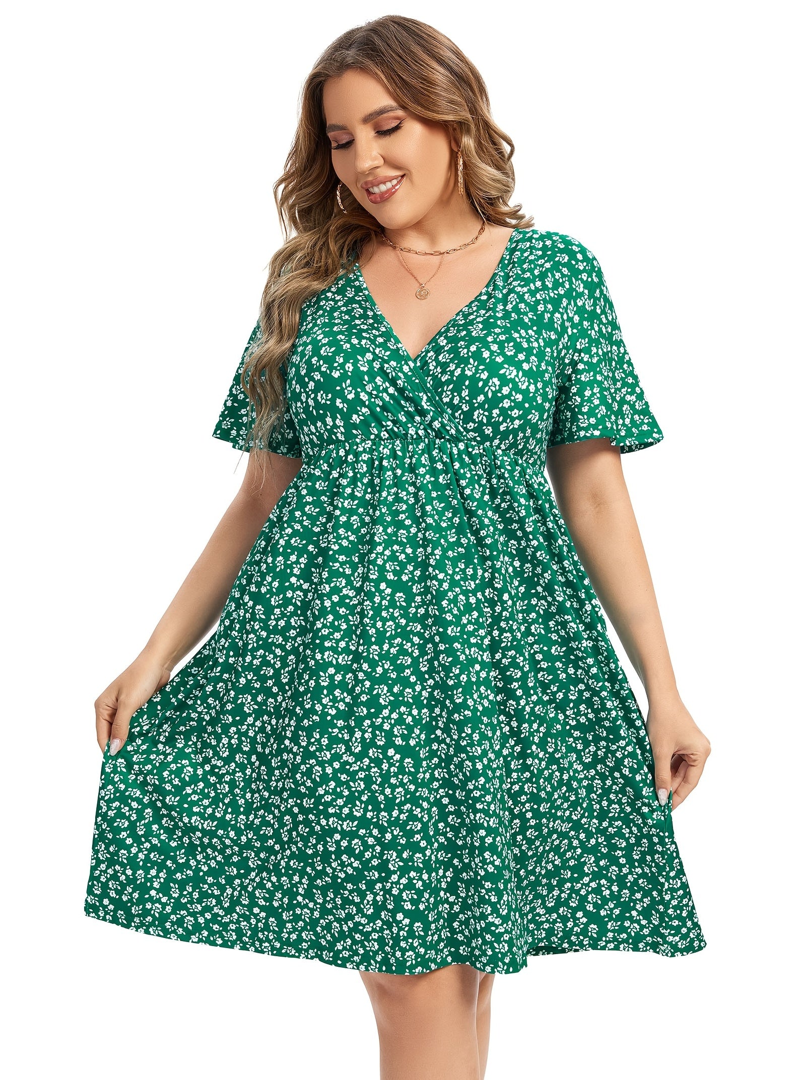  Floral Print Short Sleeve V Neck Dress With Pockets