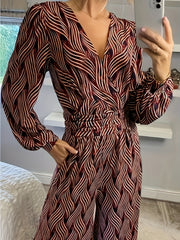 Stripe Print Lantern Sleeve V Neck Jumpsuit