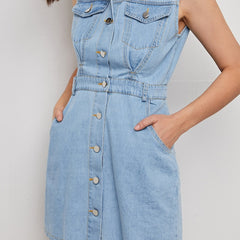 Button Denim Dress Flap Pockets Sleeveless Non Stretch Lapel Denim Dress