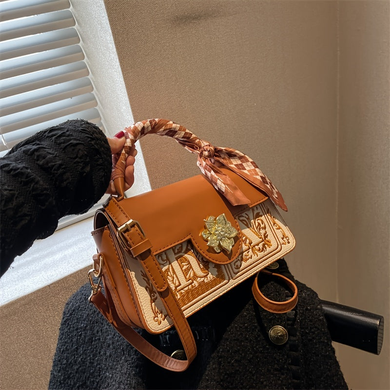 Letter Embroidery Hand Bag Scarf & Metal Decor Flap Crossbody Purse
