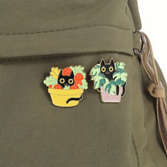 Cat Plant Enamel Pin Green Brooch Flower Jewelry Metal Lapel Pin
