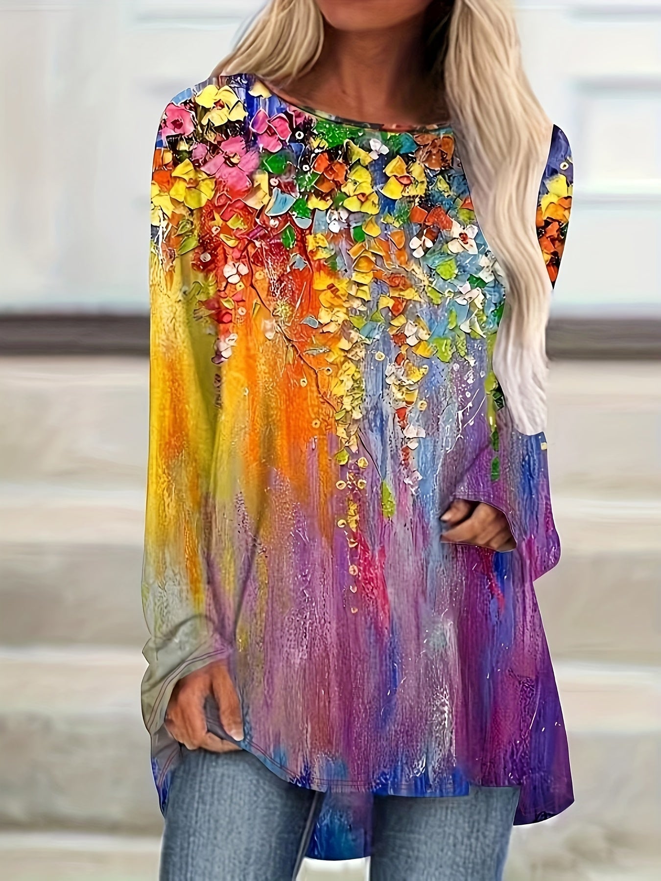 Floral Painting Print Long Sleeve Tee Dress