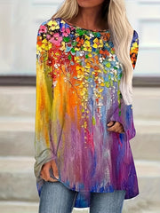  Floral Painting Print Long Sleeve Tee Dress