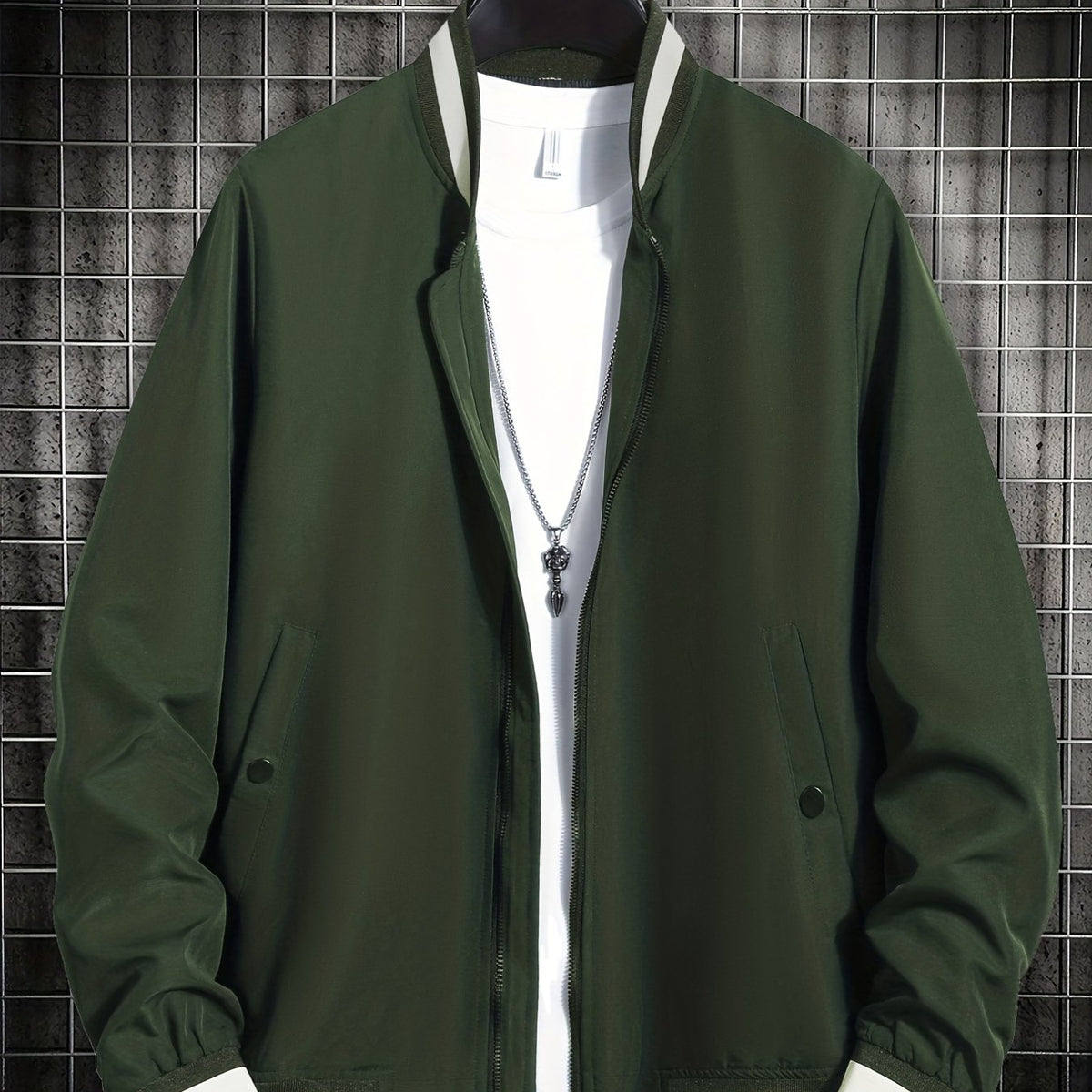 Men's Solid Stand Collar Zip Up Jacket for Spring Fall