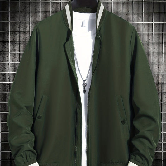 Men's Solid Stand Collar Zip Up Jacket for Spring Fall