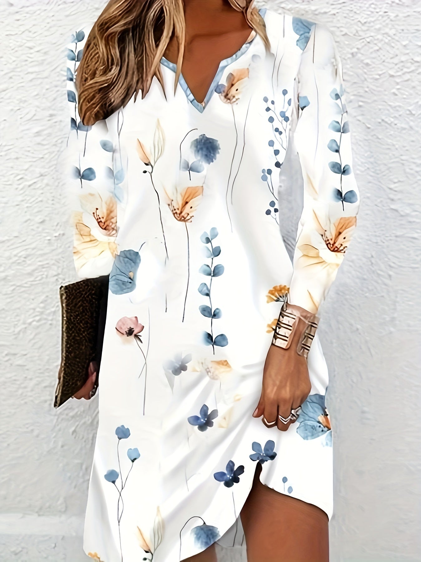  Floral Print Long Sleeve Stretch Dress