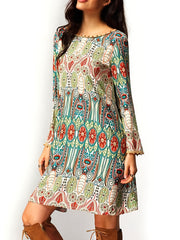 Women's Plus Allover Print Frill Trim Long Sleeve Round Neck Pleated Dress