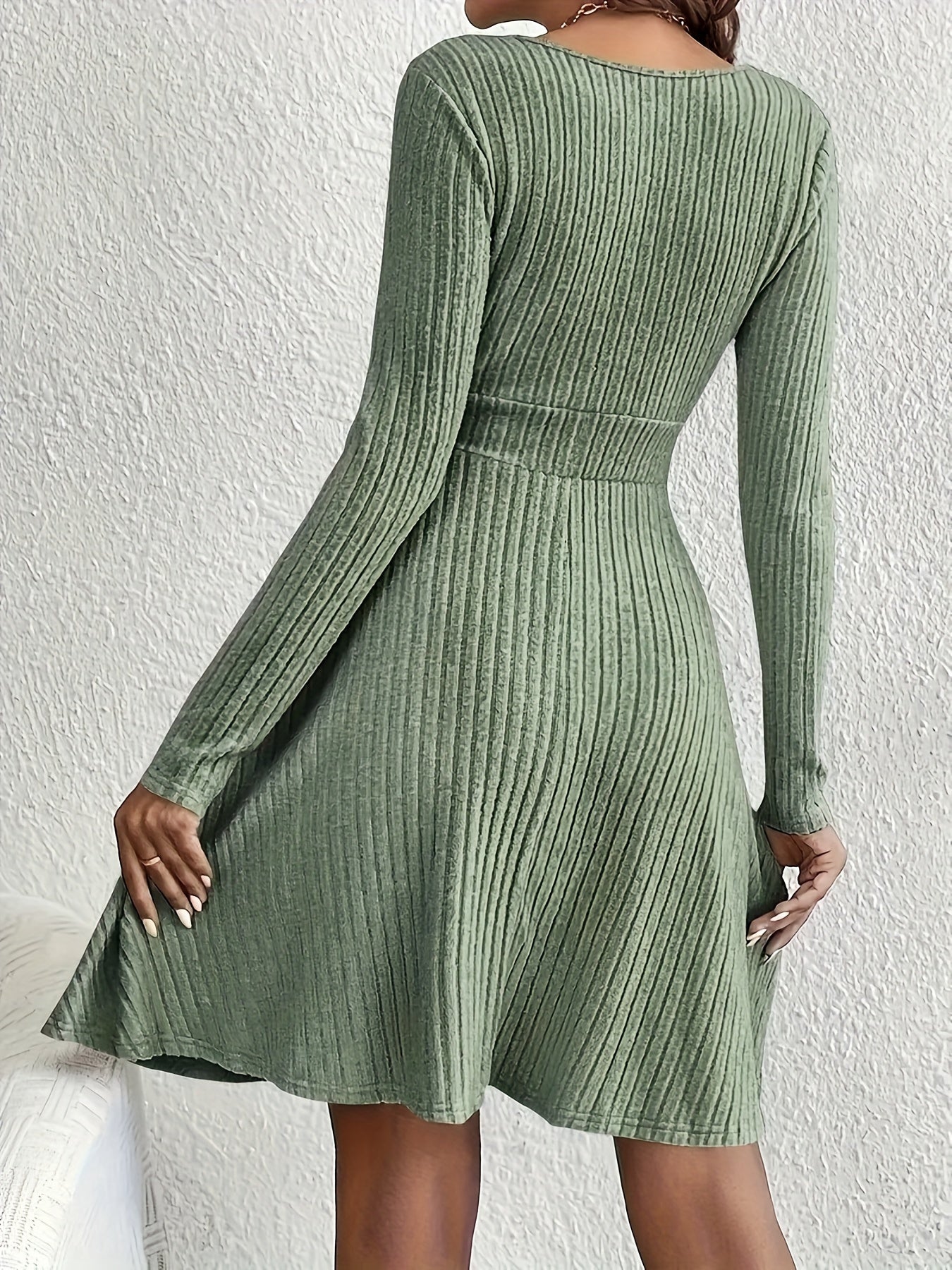  Solid Ribbed Long Sleeve Midi Dress