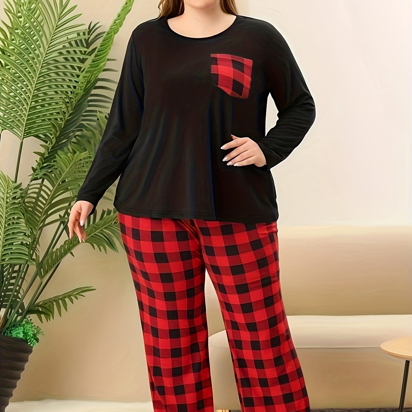  Plaid Print Loungewear Set Long Sleeve Tee & Pants