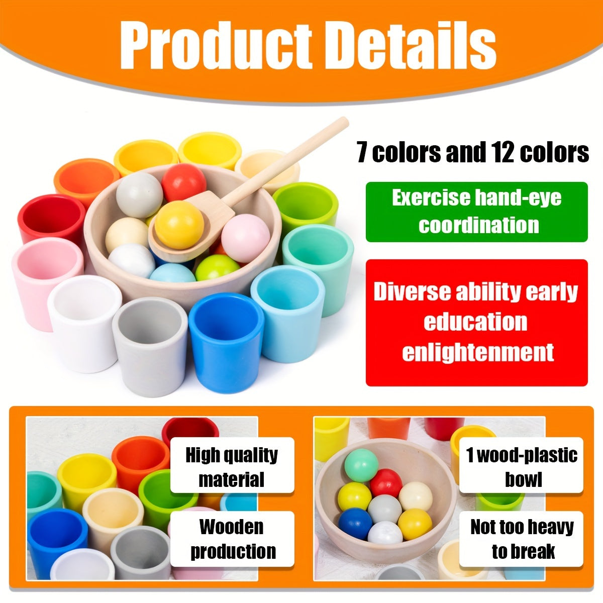Wooden Rainbow Ball Sorting Game Educational Toy, Fine Motor Skills Learning