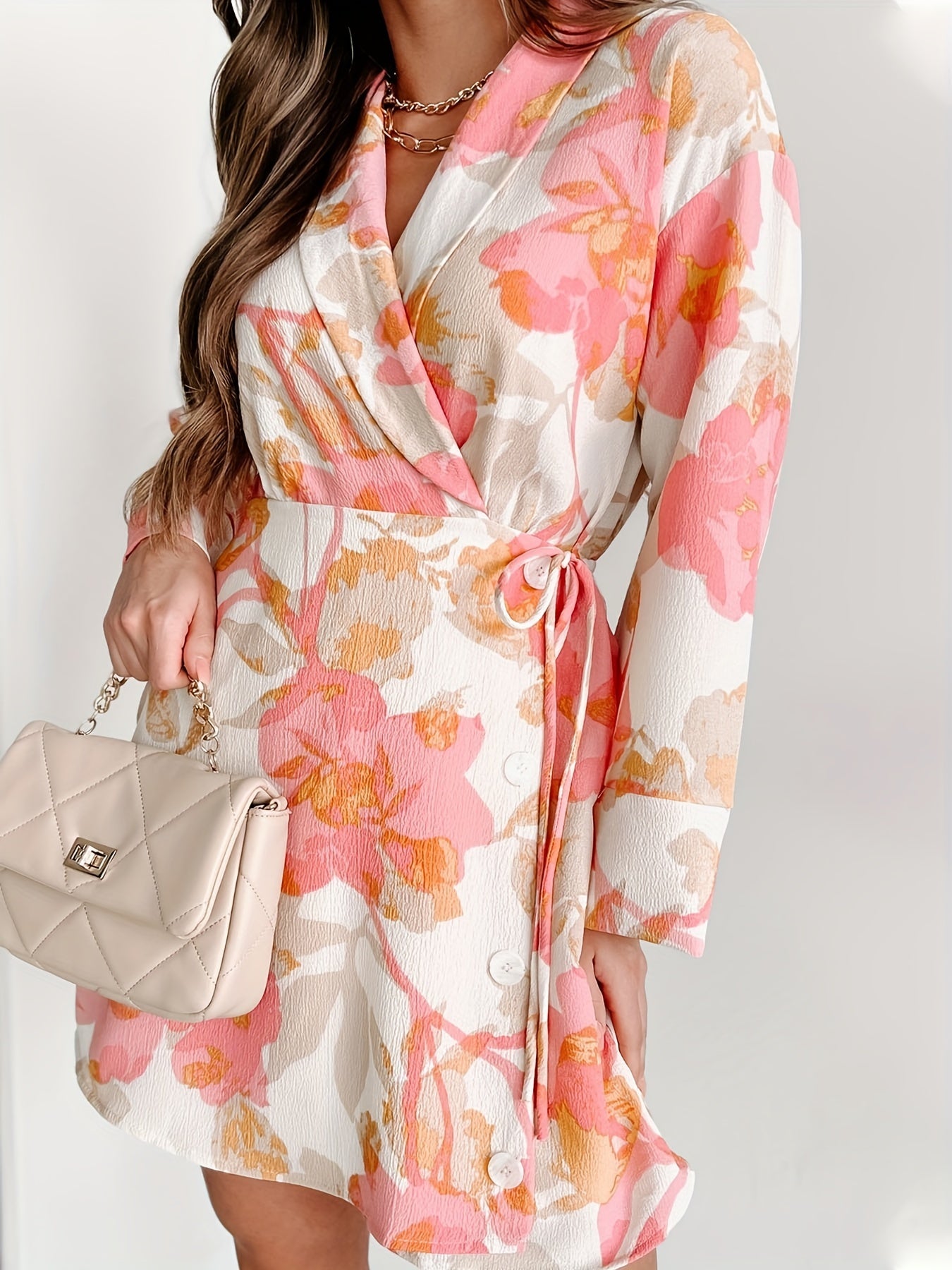  Floral Print Long Sleeve A line Dress