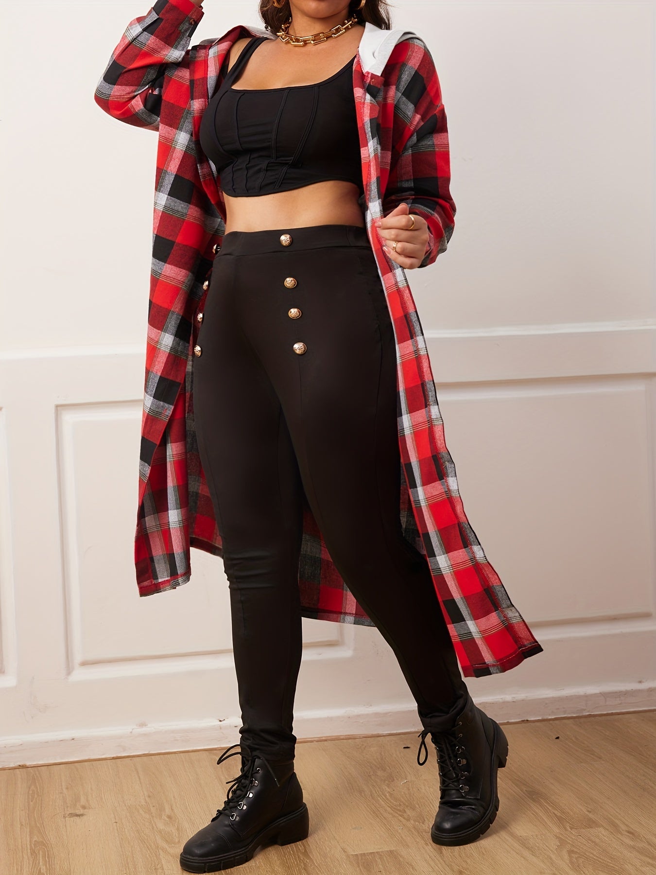  Plaid Print Hooded Blouse