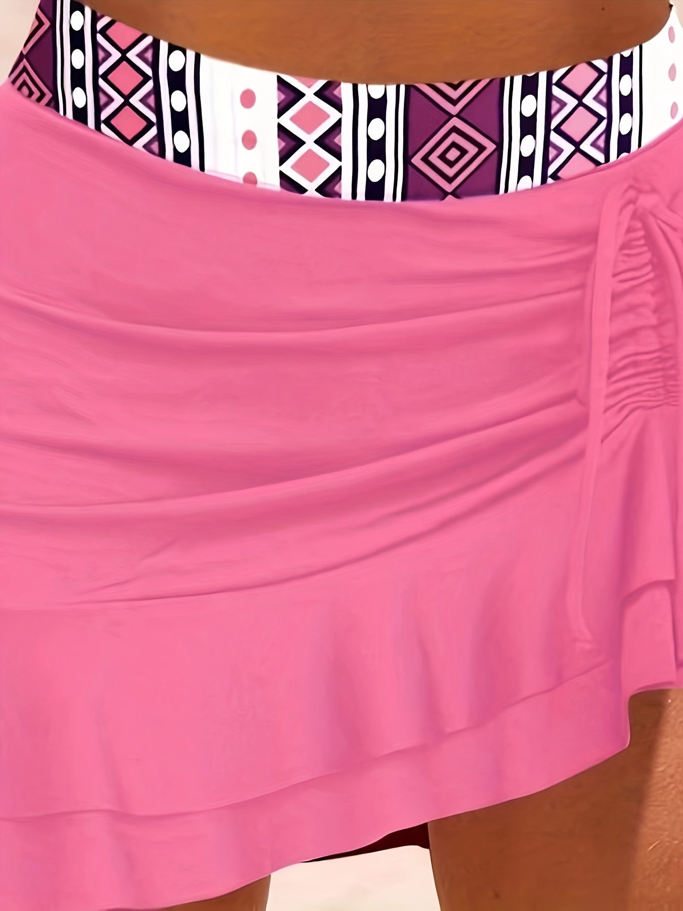  Geo Print Bikini Set Tie Front Crisscross Back & Ruched Skirt Swimsuit