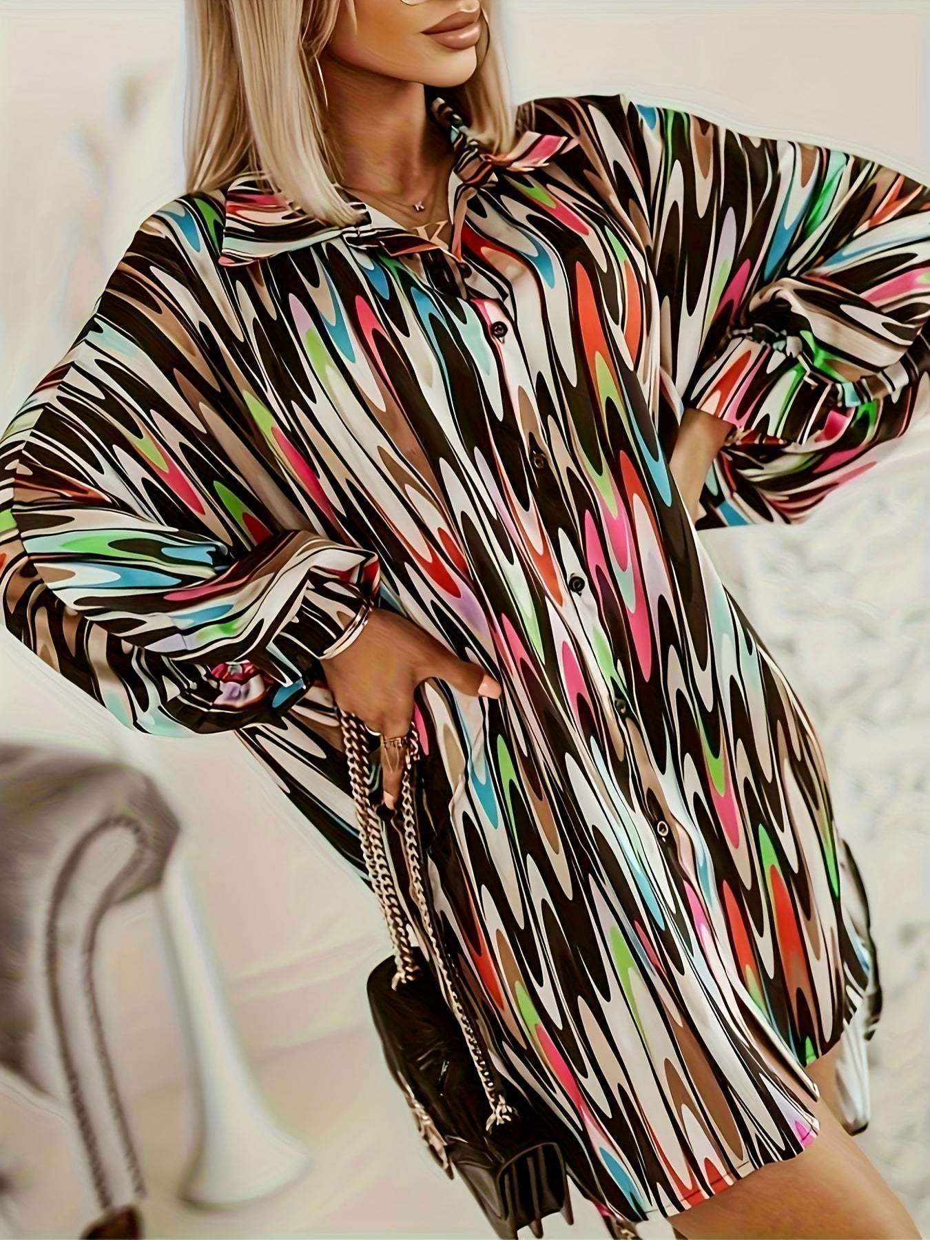  Colorblock Allover Print Button Up Long Sleeve Blouse