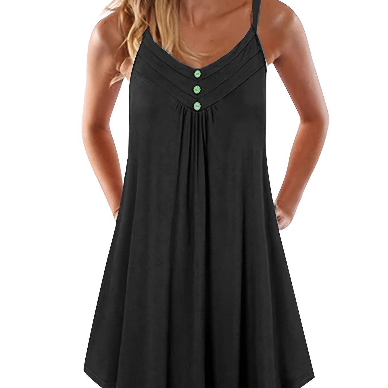  Solid Button V Neck Ruched Cami Dress