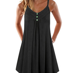  Solid Button V Neck Ruched Cami Dress