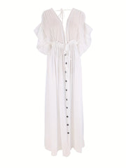 Ruffle Sleeve Beach Cover Up Dress Boho Style Tie Back Backless Kaftan