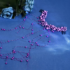 Vintage Bridal Hair Accessory Purple Beaded Tassel Veil with Floral Headpiece