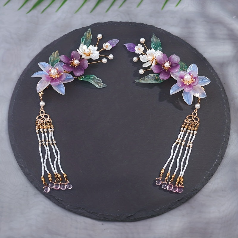 Chinese Style Flower Hair Clip with Beads Pendant