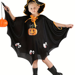 Girl's Halloween Dress Up Cloak Ghost Pumpkin Print Hooded Cape Witch Costume