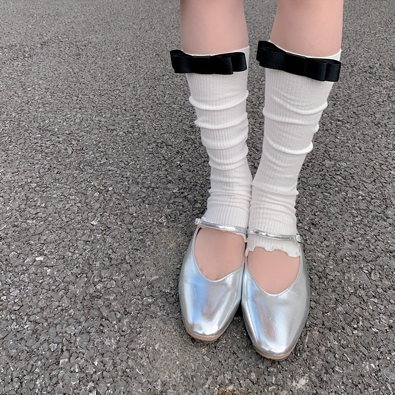 Bow Rib Knit Leg Warmers Knee High Socks Women's Stockings