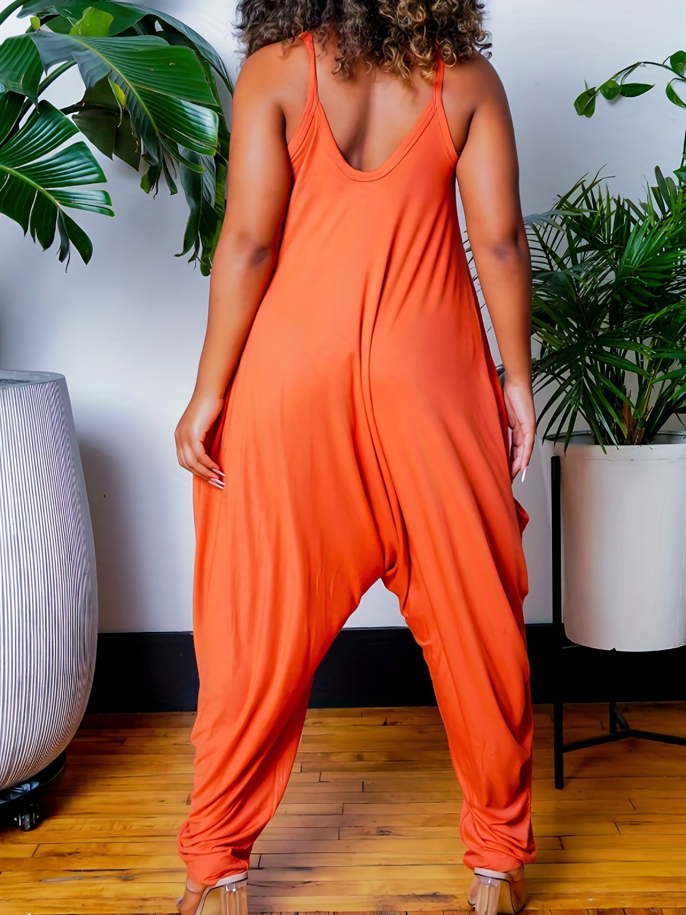  Casual Cami Jumpsuit Solid V Neck Drop Crotch Harem Cami Jumpsuit