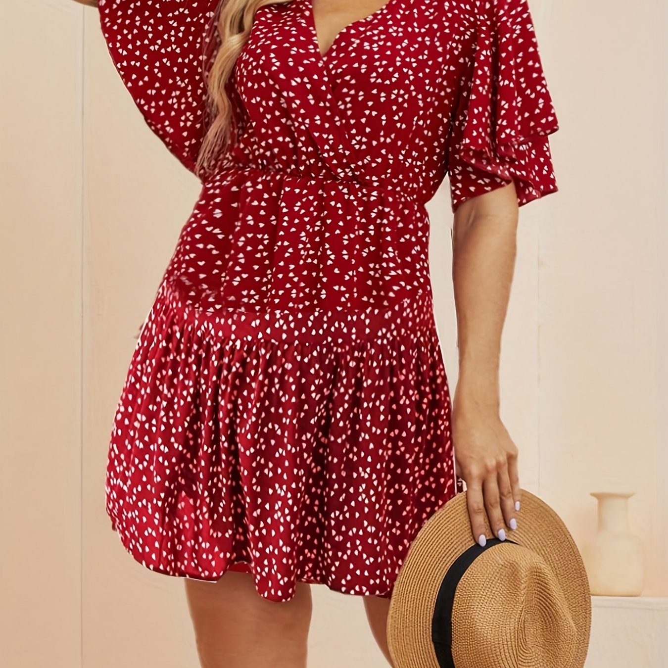  Heart Print Bell Sleeve Smock Dress