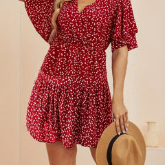  Heart Print Bell Sleeve Smock Dress