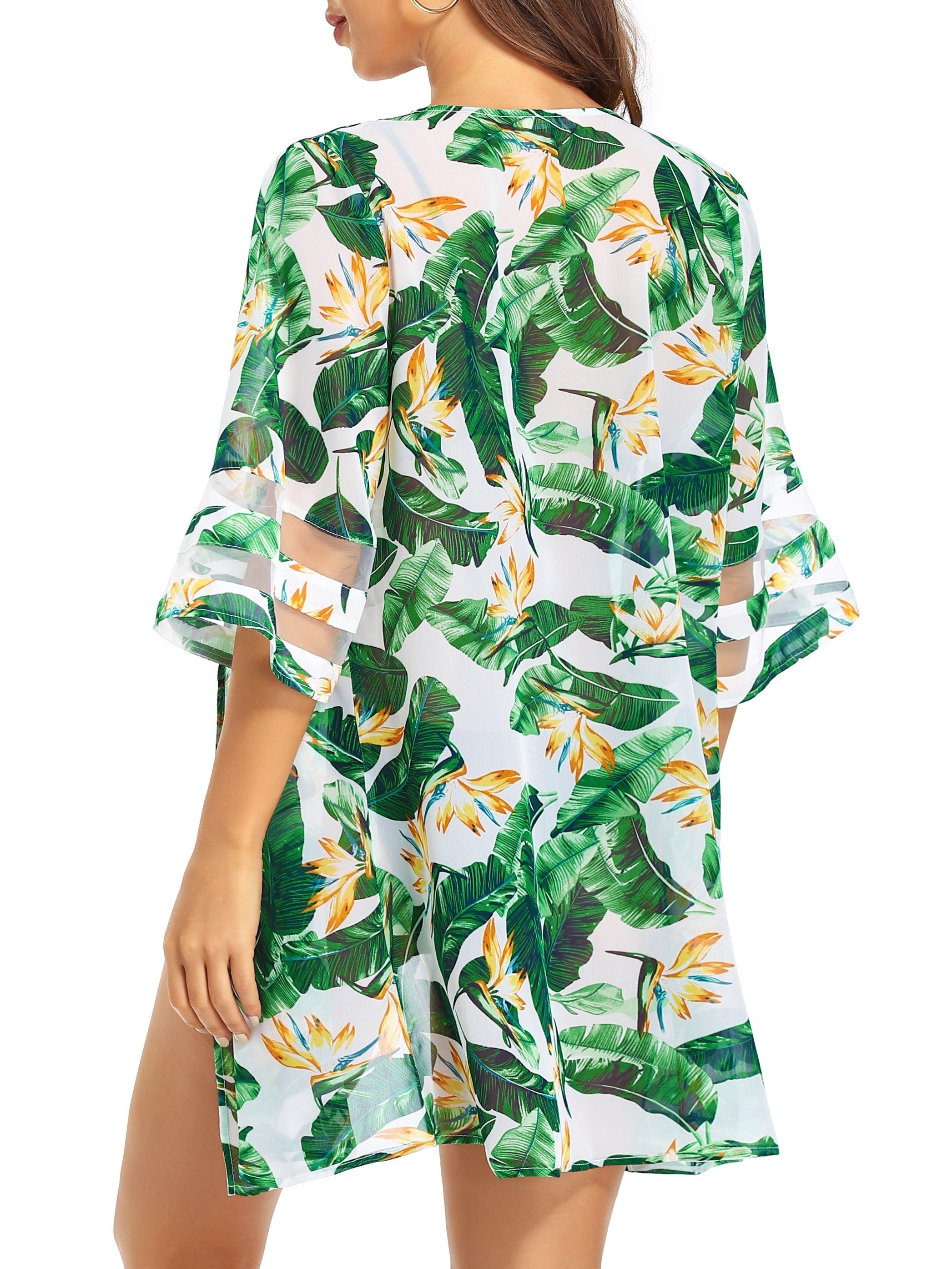 Floral Leaf Print Mesh Cardigan Cover Up Chiffon 3/4 Sleeve Beach Coverup