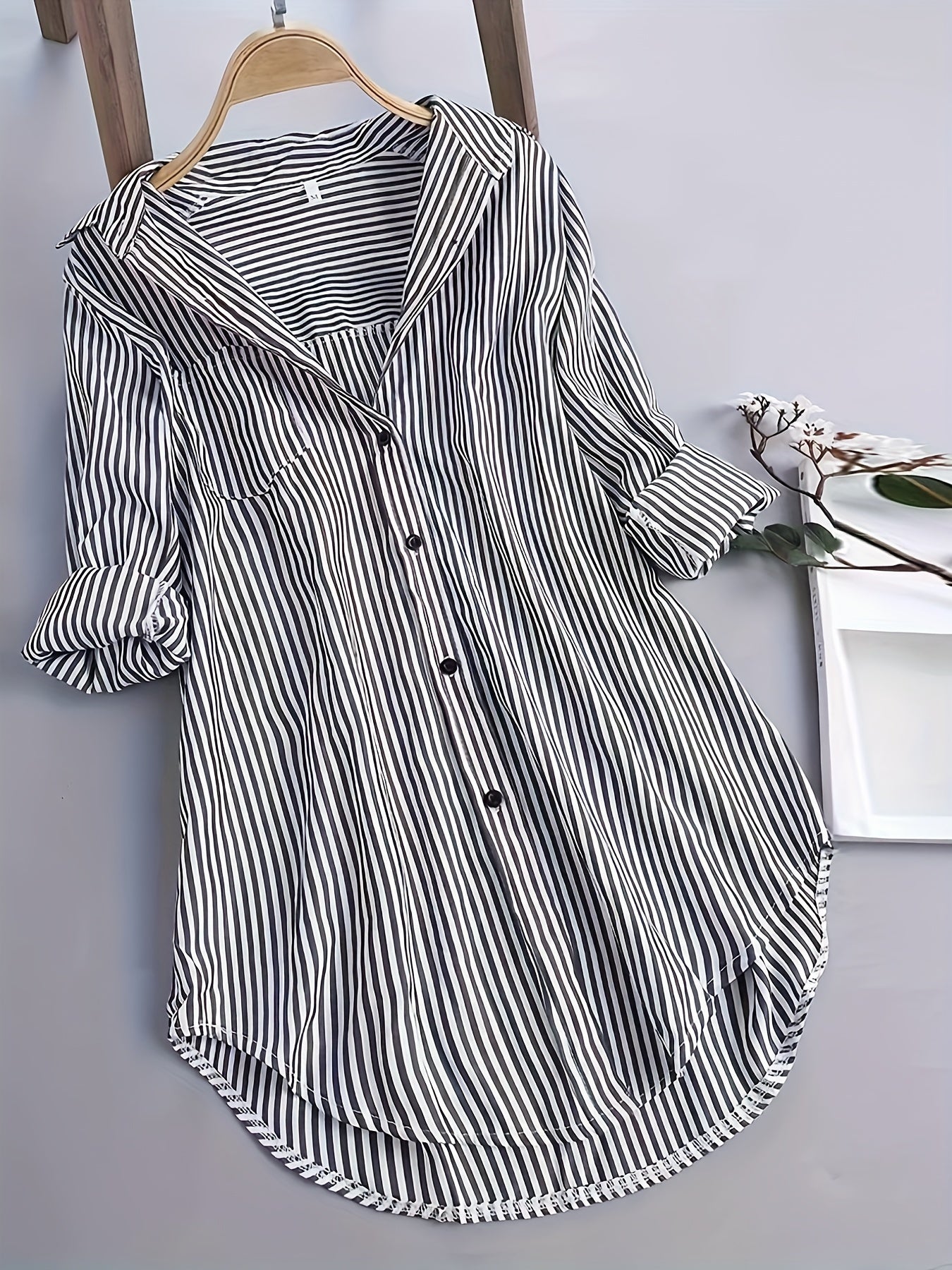  Nautical Stripe Print Button Up Long Sleeve Blouse