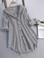  Nautical Stripe Print Button Up Long Sleeve Blouse