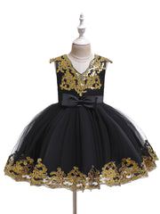Girls Sequin Embroidery Mesh Princess Dress for Piano Performance Wedding