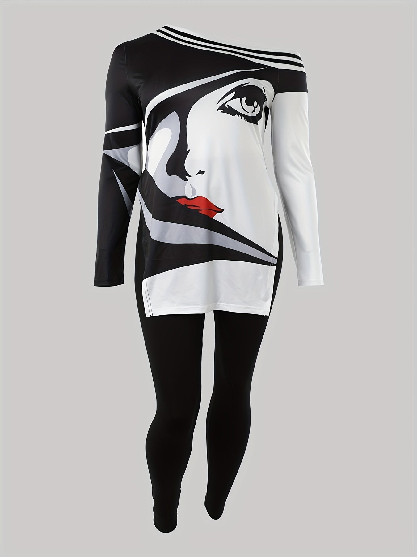  Cartoon Print Long Sleeve One Shoulder Top & Leggings Set