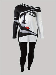  Cartoon Print Long Sleeve One Shoulder Top & Leggings Set