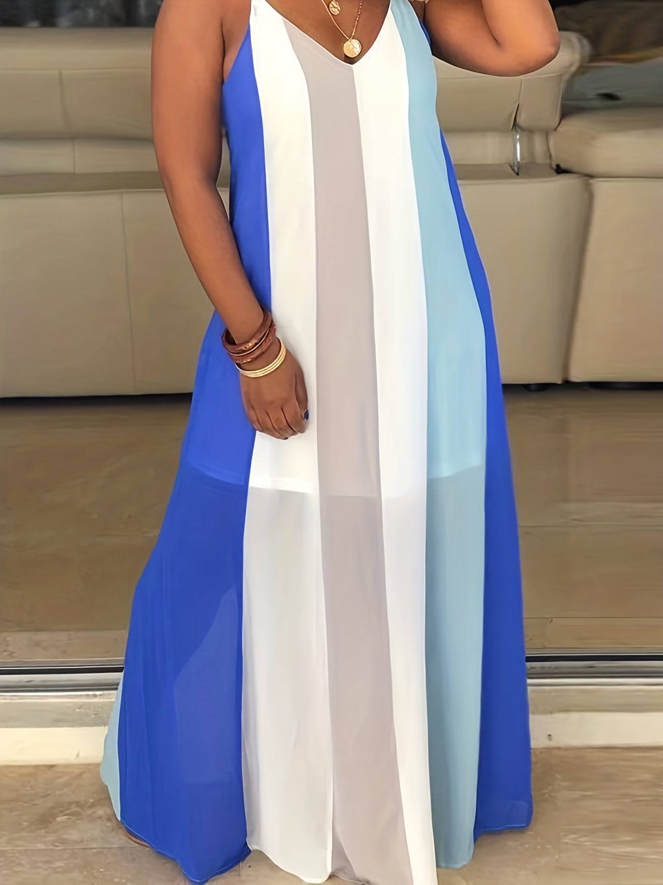  Colorblock Stripe V Neck Loose Fit Cami Summer Dress