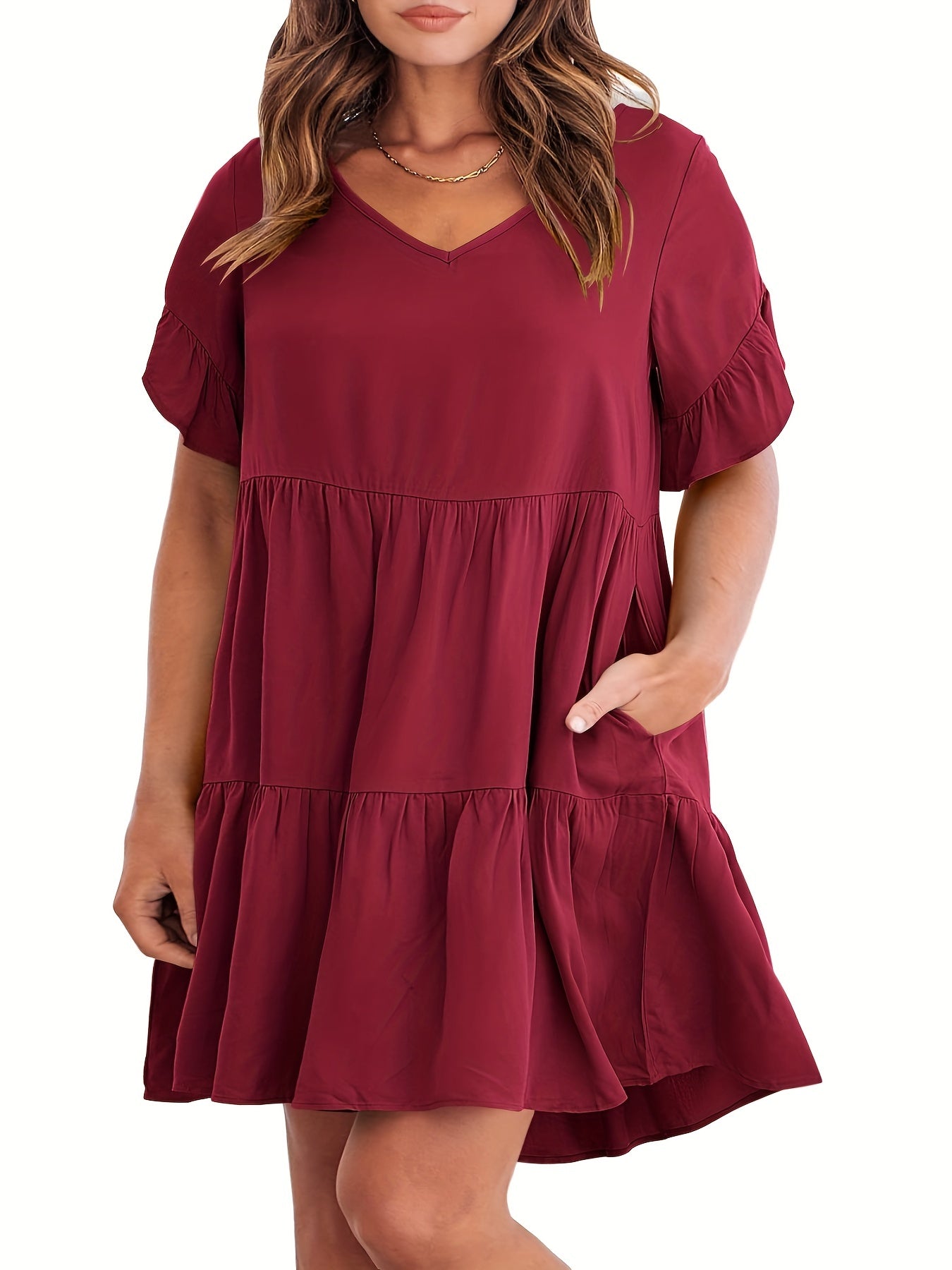  V Neck Ruffle Trim Mini Smock Dress With Pockets