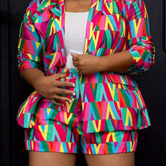  Colorblock Geometric Print Blazer & Shorts Suit Set