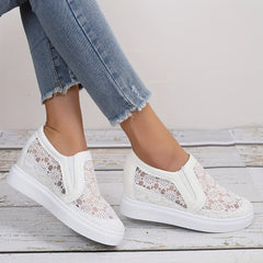 Women's Floral Mesh Sneakers Closed Toe Slip On Height Increasing Wedge Shoes