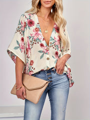  Floral Print Bat Sleeve V Neck Blouse